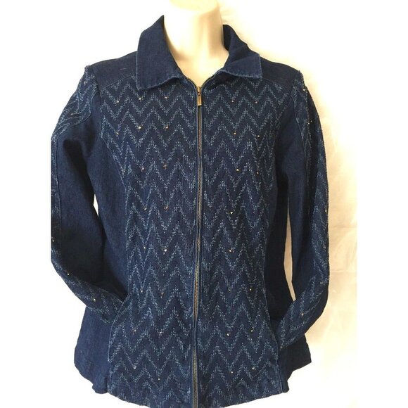 Jean Jacket‎ Womens 6P Petite Blue Embellished Jewel Zip Stretch Alfred Dunner - Picture 1 of 8